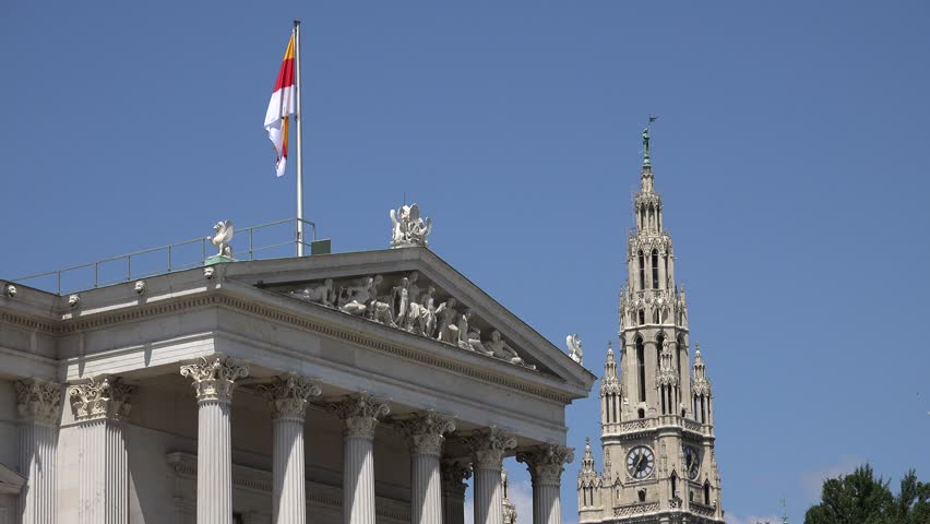 4K Vienna Parliament building architecture with Athena statue golden decoration