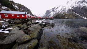 Traditional fishing settlements of Lofoten islands. Beautiful Norway landscape and old architecture. HD Slow Motion Footage.