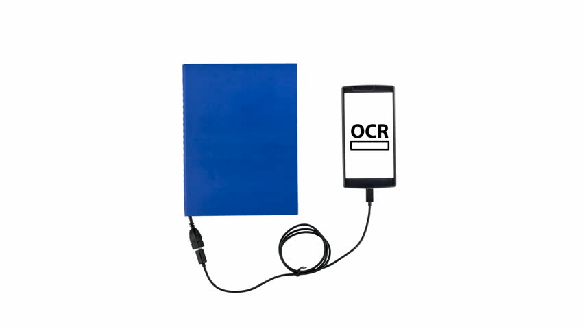 Book connected to a smartphone through an USB cable. Optical character recognition loading bar. Royalty-Free Stock Footage #25565402
