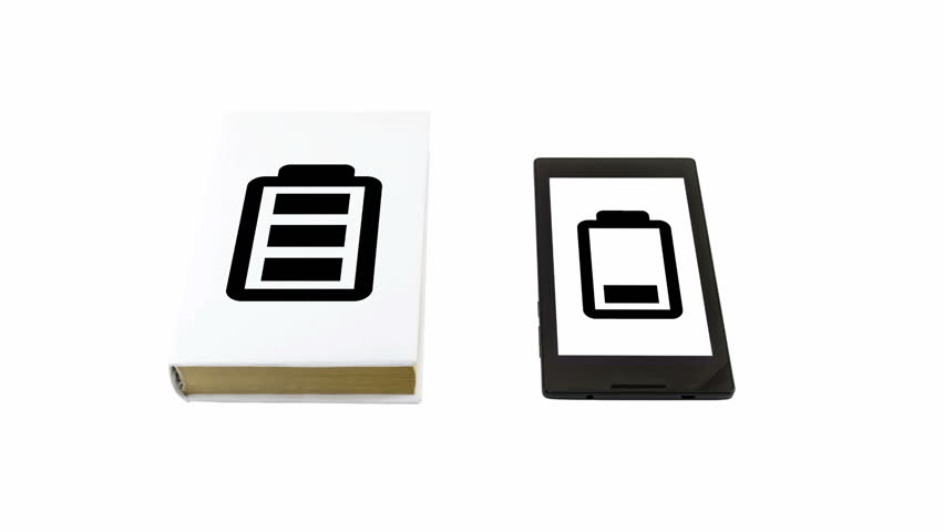 Comparison of a tablet and a book isolated on white. Battery life concept. Royalty-Free Stock Footage #25565585