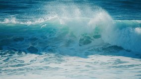Full HD 1920x1080, 120 FPS to 23.98 slow motion close up video background of blue, turquoise water of big rough ocean surfing waves splashing and crashing tropical Hawaii beach, moving towards camera