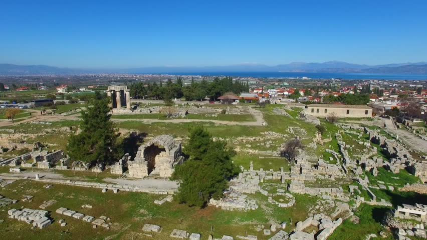 Greece Corinthian Canal aerial view Ancient Corinth
