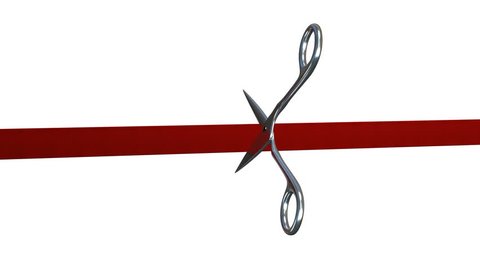 Red tape/ribbon is cut by a pair of chrome scissors, 4k version, comes with the Alpha Matte.