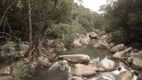 Panorama of the mountain river rapids. Ungraded raw 4k footage