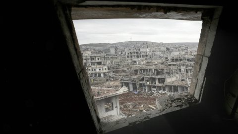 Syria war destruction from a window