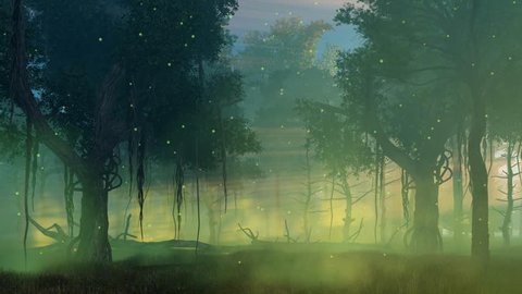 Fairytale woodland scenery with magic firefly lights flying in the air in a scary misty night forest. Cinemagraph style fantasy animation rendered in 4K