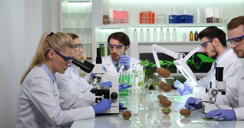 Team of Biochemistry Researchers Work Genetic Tests on Kiwi Fruits in Laboratory