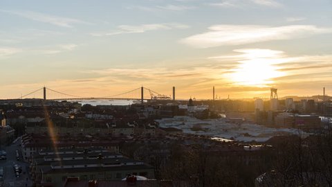 Sunset over the city Gothenburg, Sweden. Timelapse. 4K. 25p