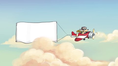 Airplane with banner flying among the clouds