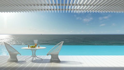 Minimalist terrace  with infinity pool and relax area, armchairs and table for breakfast, beautiful panorama on summer morning sea ocean, 3d illustration