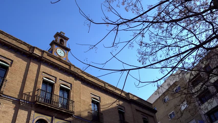 Facade of the Public School Carmen Benitez in Seville, Andalusia, Spain.