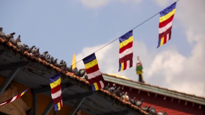 View of flags at street near Boudhanath stupa (one of the largest in the world) and pigeons on windows. Kathmandu, Nepal