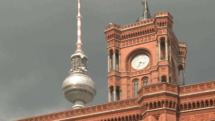 Television Tower behind the red town hall (Rotes Rathaus) in Berlin, Germany.