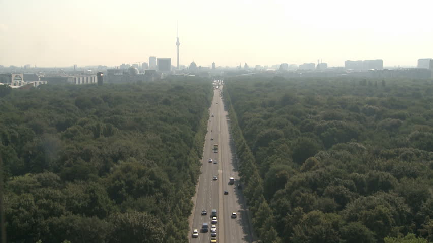 Aerial View of Berlin Skyline with the Tiergarten Park in the front on a foggy