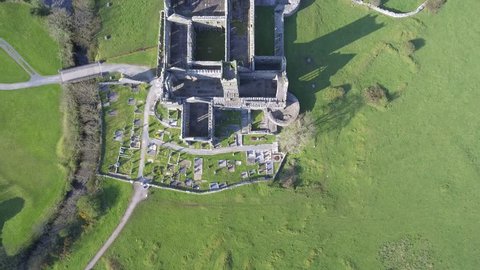 Aerial view of an Irish public free tourist landmark, Quin Abbey, County clare, Ireland. Aerial landscape view of this beautiful ancient celtic historical architecture in county clare ireland.