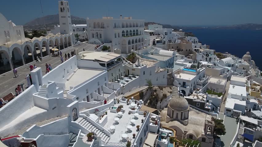 4K Drone Shot Of The Sunny City Of Fira On Santorini Island