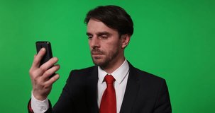 Business Man Internet Video Call Conference Mobile Phone Green Screen Background