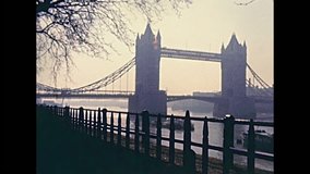 London Tower bridge on the River Thames on 70s. Historic London footage on 1970s United Kingdom. 
