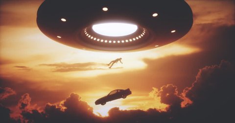 3D illustration. Man and his car floating to inside of alien ship. Concept of alien abduction.
