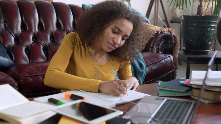 young african woman take part in video call using app on laptop computer for education online and remote working discussion making notes in notebook sitting on floor near sofa at home during sunny day Royalty-Free Stock Footage #25688921