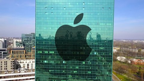 Aerial shot of office skyscraper with Apple Inc. logo. Modern office building. Editorial 3D rendering 4K clip