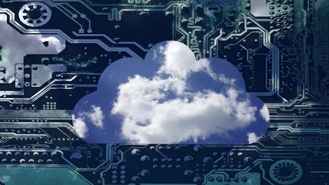Cloud computing conceptual video. Deep blue sky with clouds time laps in a cloud on a circuit board background.