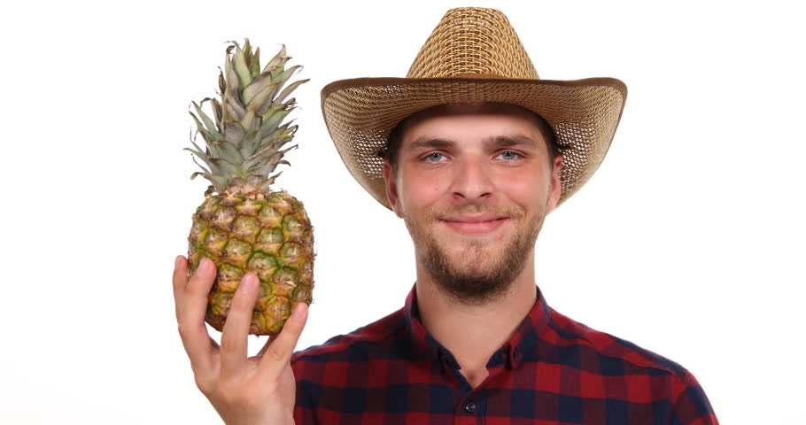 Happy Farmer Man Holding Pineapple Fruit Showing Thumb Up Sign Exotic Product
