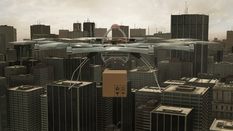 Octocopter Drone delivery - A CG animation showing an Unmanned Aerial Vehicle delivering a parcel to customers in a large metropolis