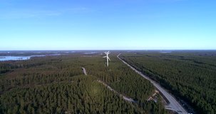 Wind generatiors in Hanko, Cinema 4k sideway aerial view of 3 wind generators, just outside Hango, on a sunny spring day, in Uusimaa, Finland