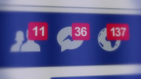 Editorial Animation of social network notifications. Increasing counters of the new friends and messages on LCD screen. Close up. Depth of Field.