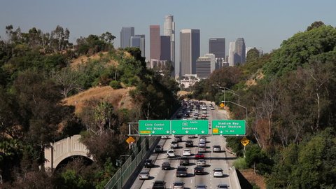 LOS ANGELES - CIRCA MAY 2012: Pasadena Freeway CA Highway 110 with traffic building