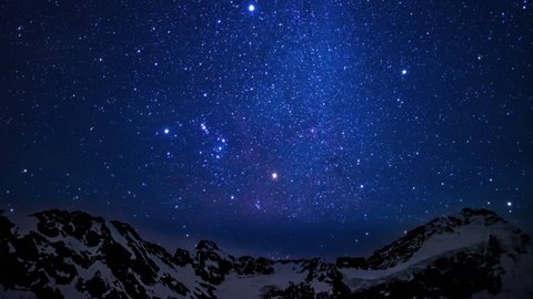 Time lapse of an amazing starry sky in motion above the summit of snowy mountains in Aoraki mount cook national park in the south island of New Zealand