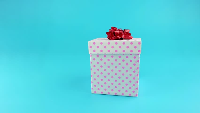 Cute funny Happy Birthday gift surprise, little grey kitten with pink bow, get out from the present box, ready for chroma key, on blue chroma key Royalty-Free Stock Footage #25723247