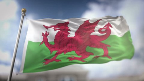 Wales Flag Waving Slow Motion 3D Rendering Blue Sky Background - Seamless Loop 4K