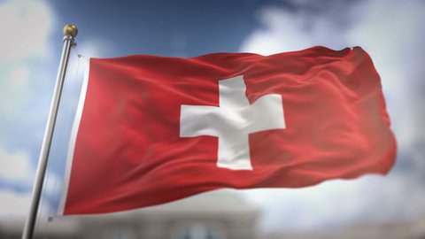 Switzerland Flag Waving Slow Motion 3D Rendering Blue Sky Background - Seamless Loop 4K