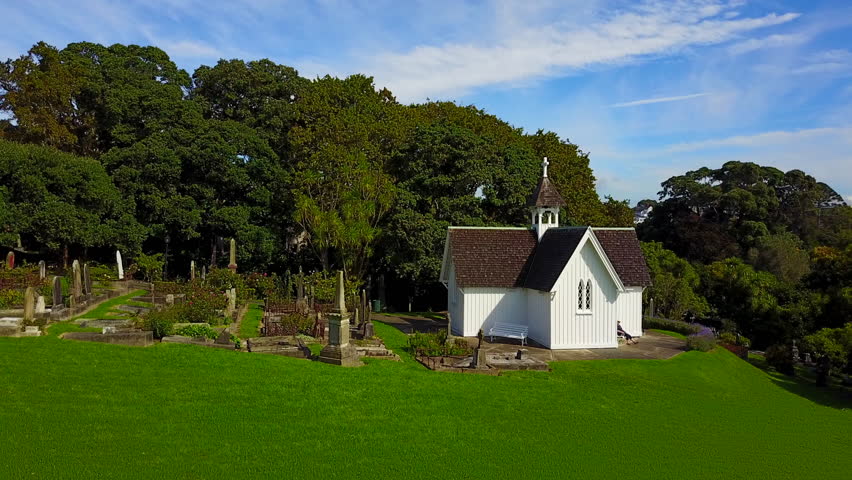 Aerial view on park with small church on foreground. Auckland, New Zealand.