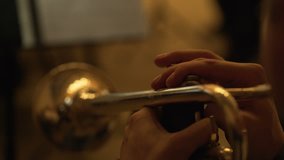 The musician plays the trumpet in the concert hall. musician playing musical instrument. close-up - Powered by Shutterstock - Get 15% off with code: PIKWIZARD15