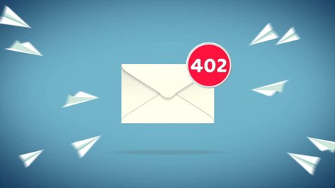Cartoon animation of paper airplane flying into mail envelope until reaching it's limit and burst into many e-mails with social media and internet communication concept in 4k
