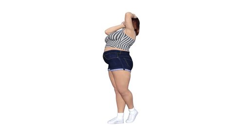 Conceptual overweight big, heavy or fat woman before and after diet, fitness or liposuction turning into a beautiful slim fit young girl. A 4k video 3D rendering animation isolated on white background