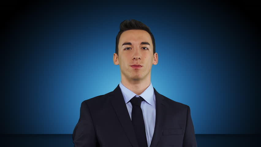 Confident Young Businessman Touches Screen Animation Solutions