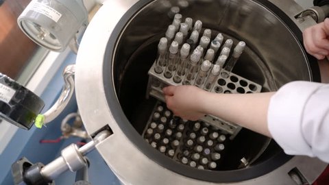 The lab assistant puts the rack with the test tubes into the autoclave.