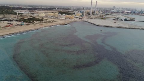 Ashdod - 04 May 2016: Pollution in the water of Ashdod, drone footage