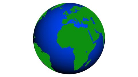 3D earth on a white background with green continents on a blue sphere. Seamless loop.