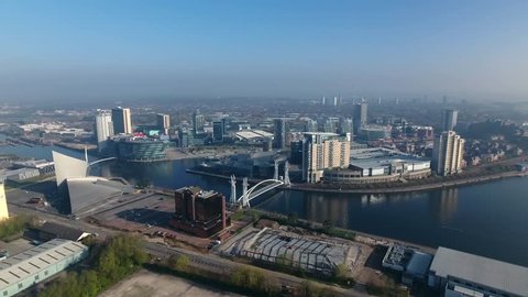Panning aerial shot of  Manchester, UK.
