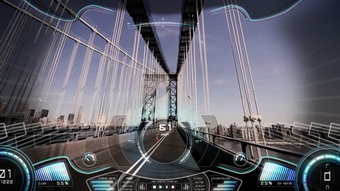 Motion graphics game displaying pov animation virtual reality car driving and GPS technology satellite over New York City bridge