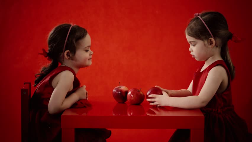 Two little girls eat apples on a red table