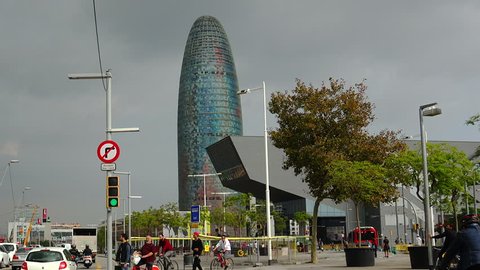 BARCELONA, SPAIN - SUMMER 2016: Torre Agbar in Barcelona. 38-story skyscraper. The Barcelona cucumber. Spain. 