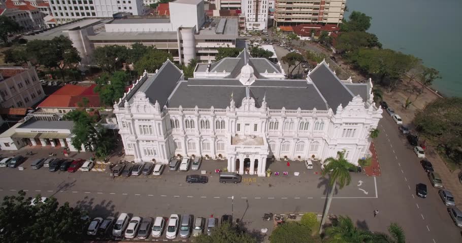 Penang City Hall In George Town, Malaysia, Descending Aerial Footage
