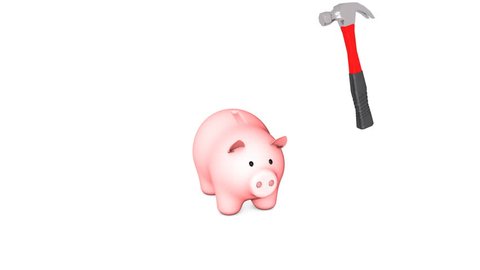 3d animation: business concept strong reliable impregnable safety bank: hammer trying to smash piggy with money and is falling apart. The pig is smiling. Pink coins box on white background isolated