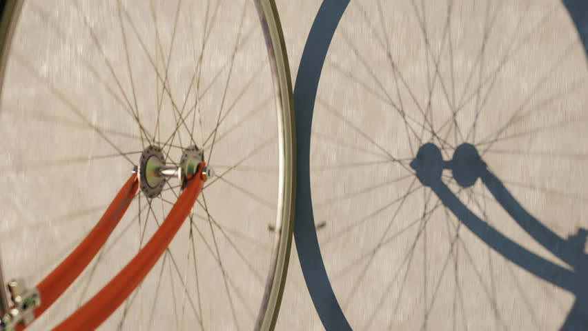 A static close-up shows the rear wheels of two bicycles, one with an orange frame and one with a blue frame, spinning side by side. The rapidly rotating spokes and rims create a continuous motion blur against a light textured background, with the blue wheel partly cast in shadow.
